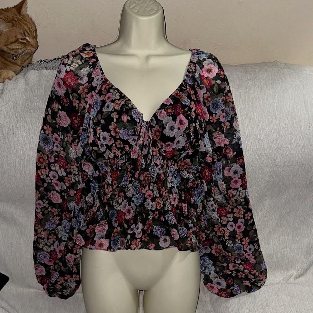 Express medium Floral crop sheer long sleeved Women's Top - Black and Pink
